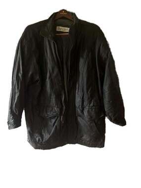 Joshua Ross Vintage Black Leather Mid-Length Jacket with Cinched Waist with flaw